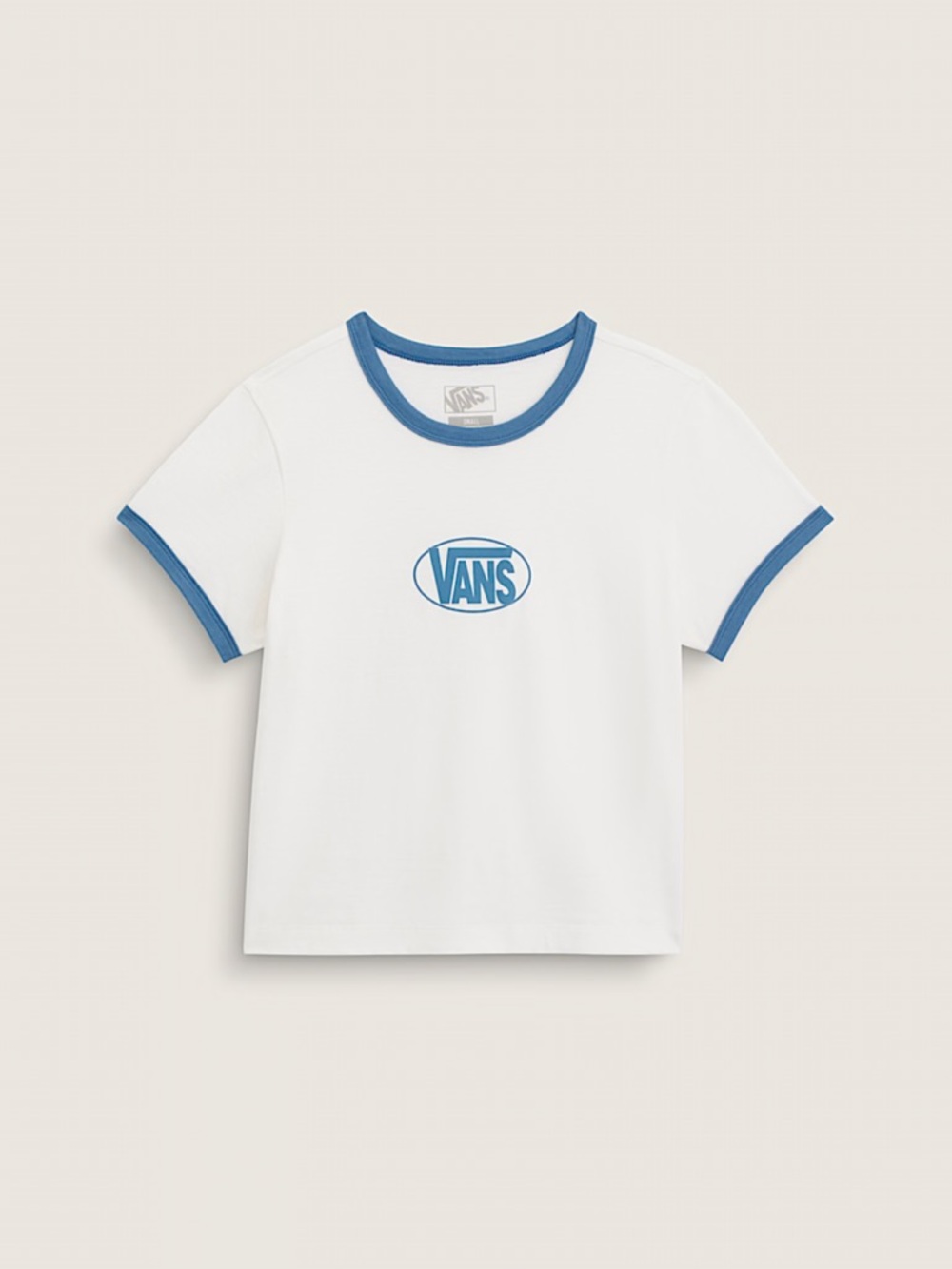 Vans White Ringer Tee with Blue Logo and Trim
